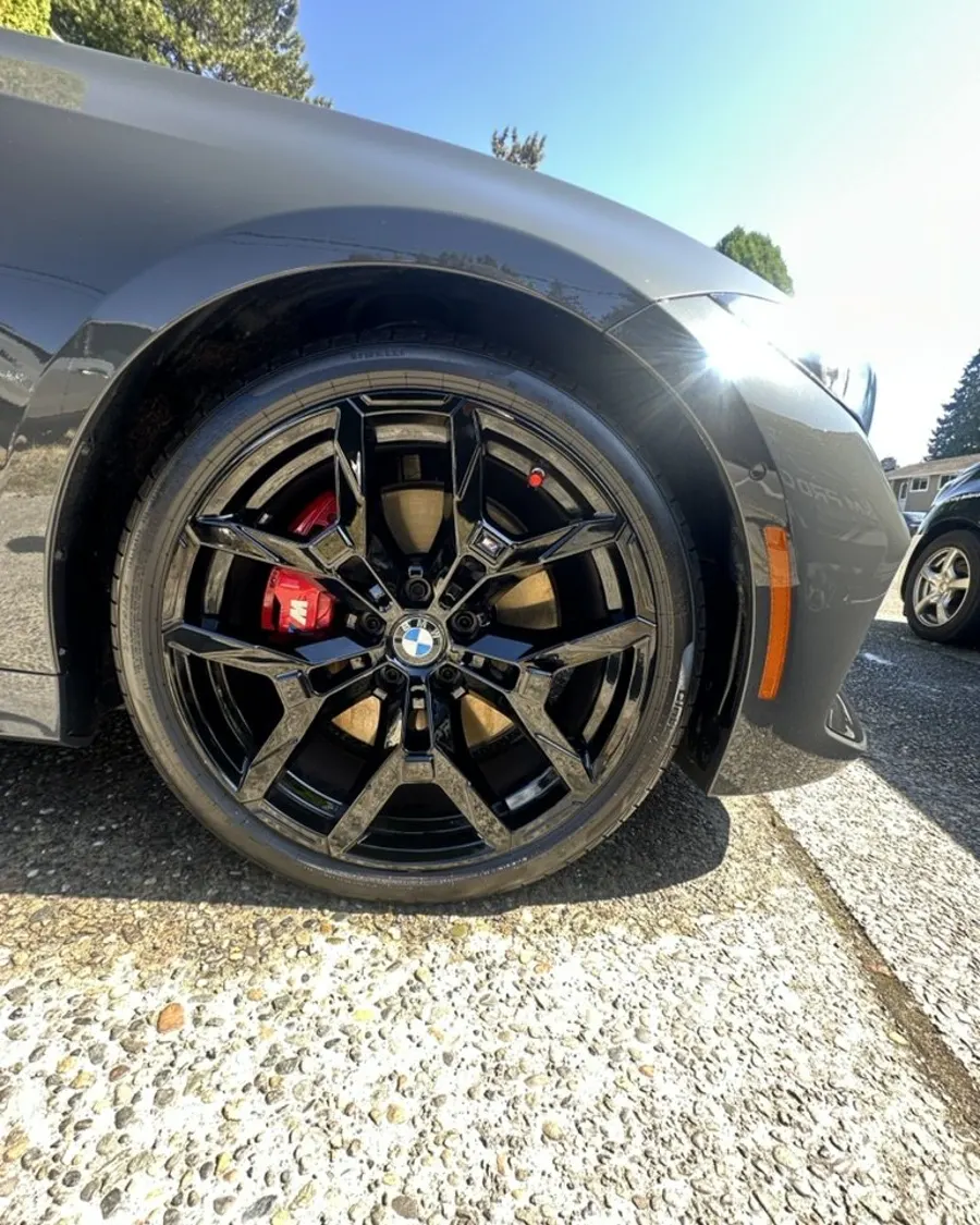 Gloss black wheel with red caliper after cleaning